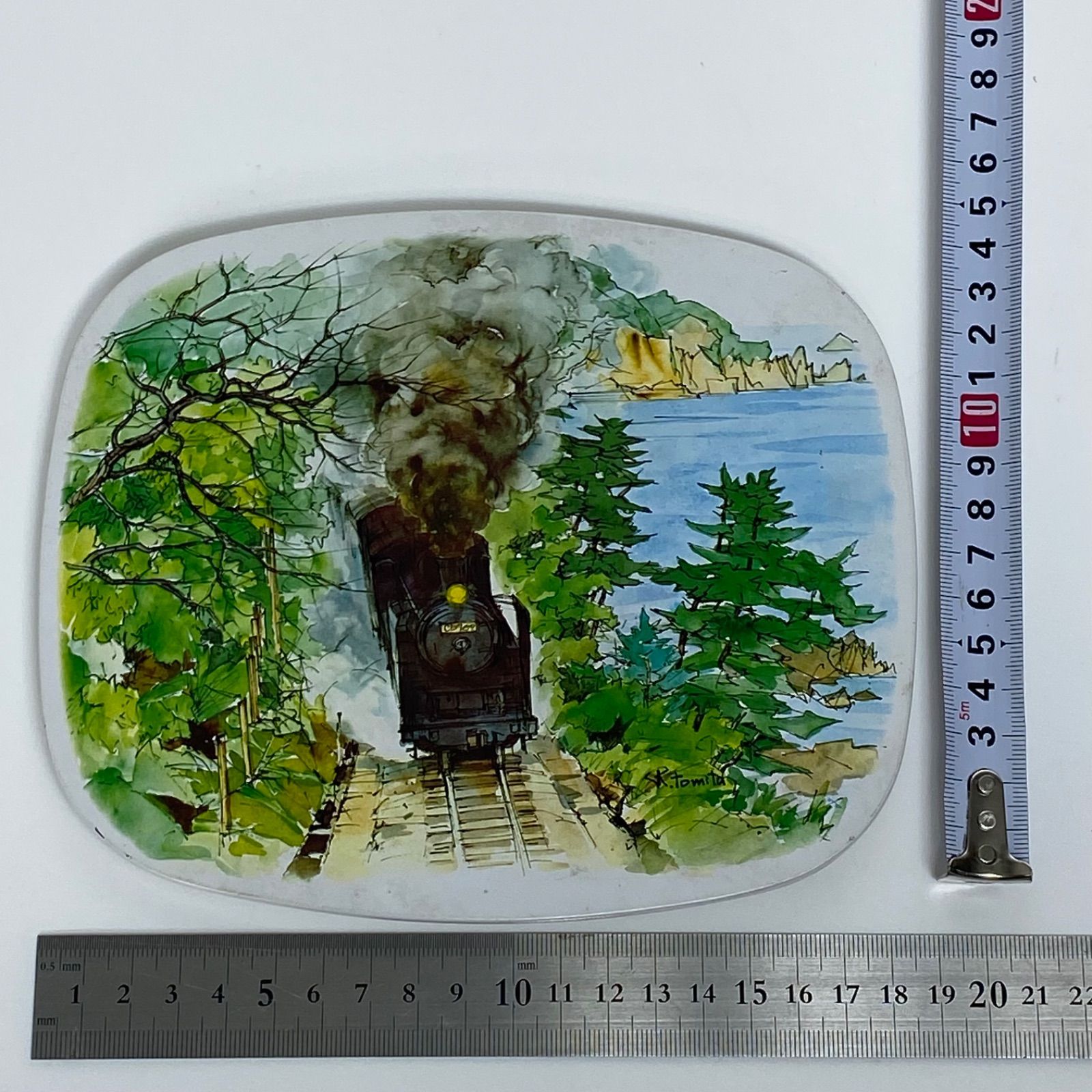 富田利吉郎 作 山陰海岸 絵皿 壁掛けプレート SL 蒸気機関車 山陰本線