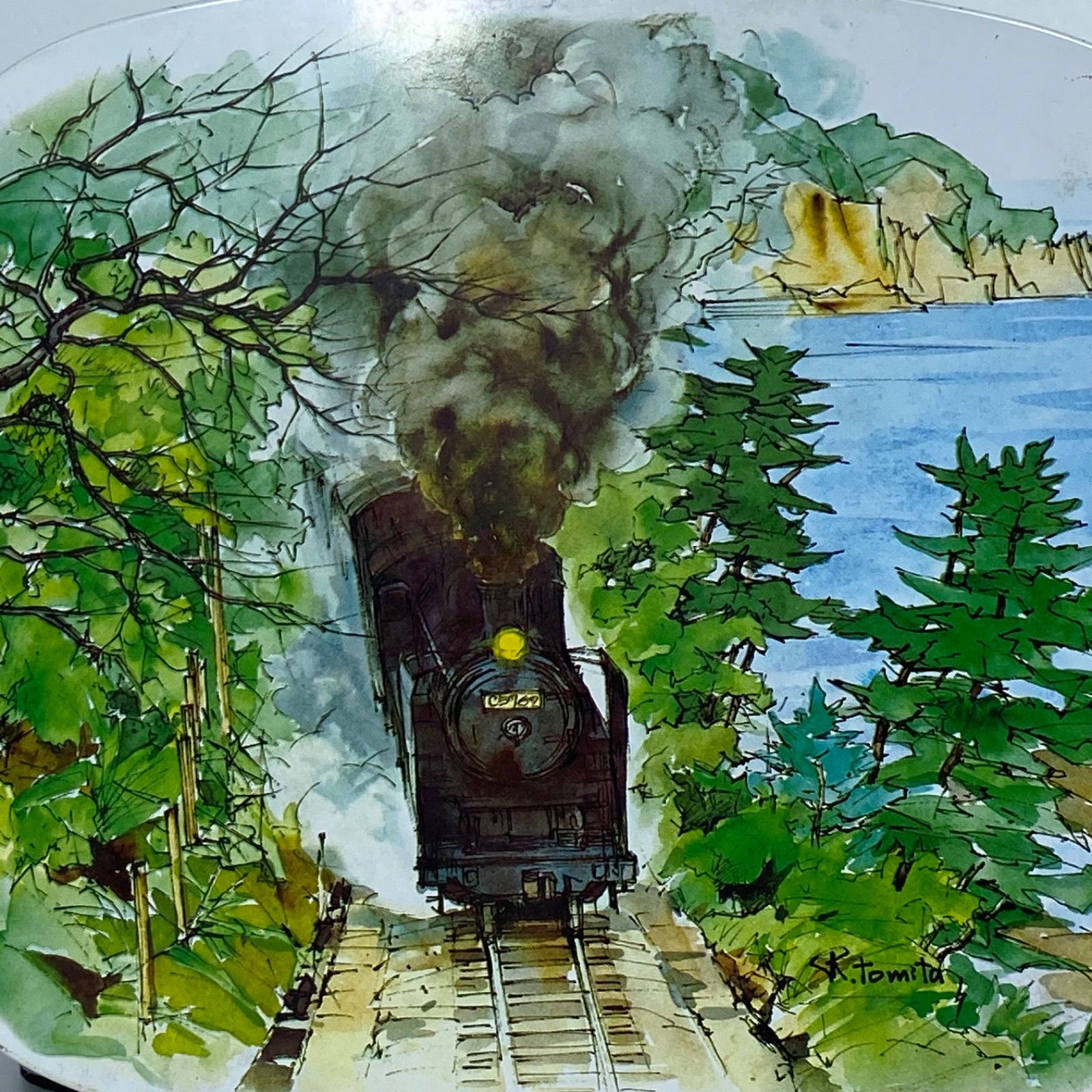 富田利吉郎 作 山陰海岸 絵皿 壁掛けプレート SL 蒸気機関車 山陰本線
