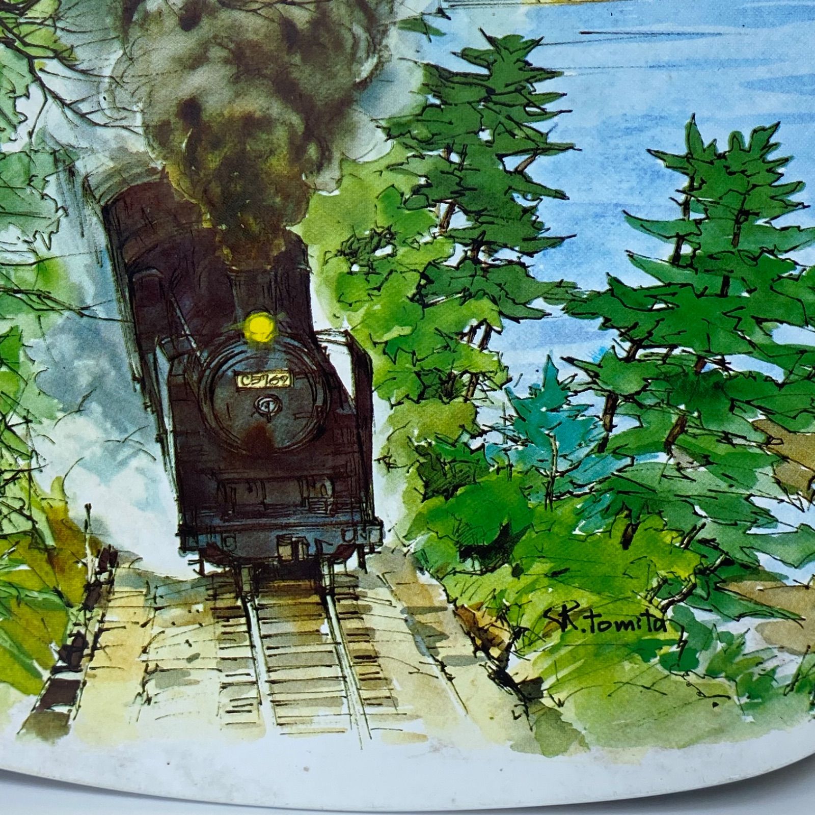 富田利吉郎 作 山陰海岸 絵皿 壁掛けプレート SL 蒸気機関車 山陰本線