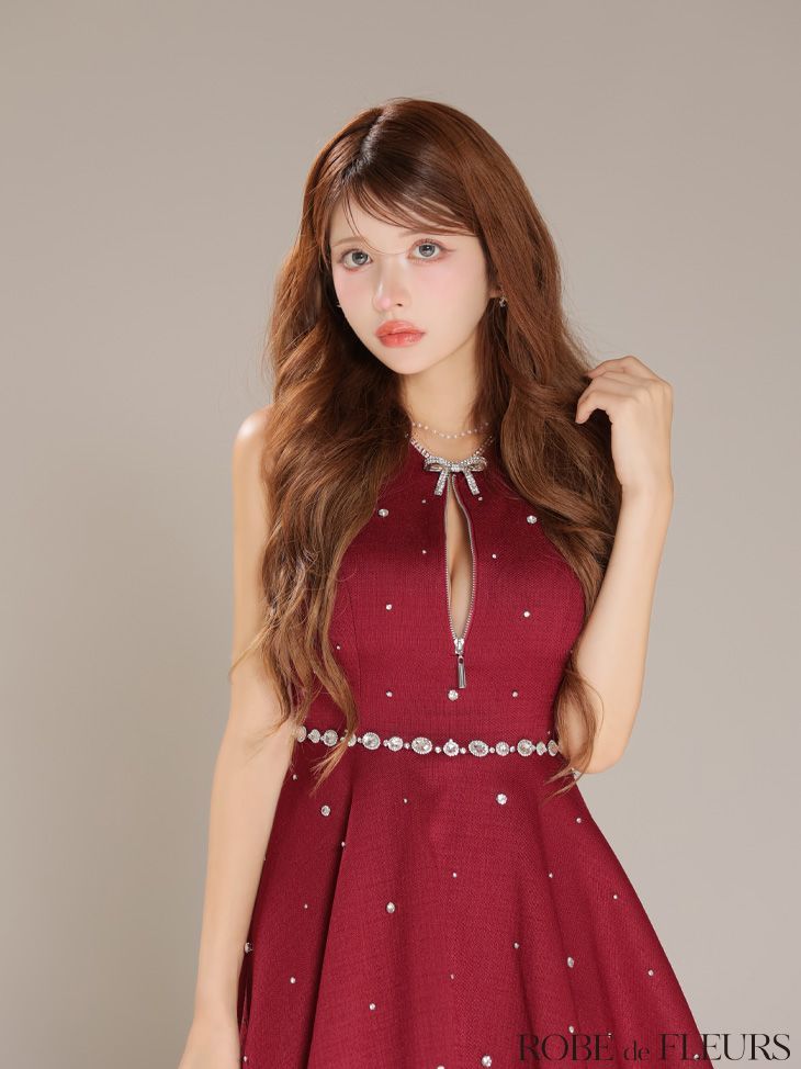 レッド fm3618 FM3618-Y-2502 ROBE de FLEURS ローブドフルール リボンビジュー バストカット フ ミニドレス キャバドレス XSサイズあり リボンビジューバストカットフ ミニキャバドレス fm3618