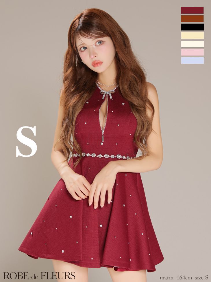 レッド fm3618 FM3618-Y-2502 ROBE de FLEURS ローブドフルール リボンビジュー バストカット フ ミニドレス キャバドレス XSサイズあり リボンビジューバストカットフ ミニキャバドレス fm3618