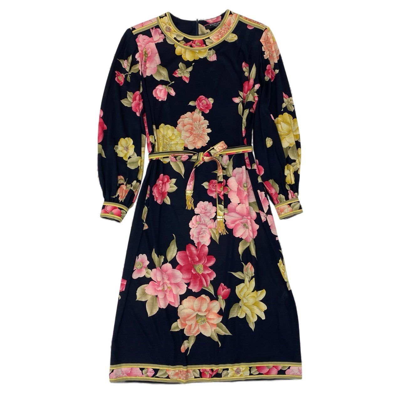 19 k 10 LEONARD レオナール 長袖ワンピース ロングワンピース クルーネック 花柄 0320100 Mサイズ ネイビー レディースu 02 t