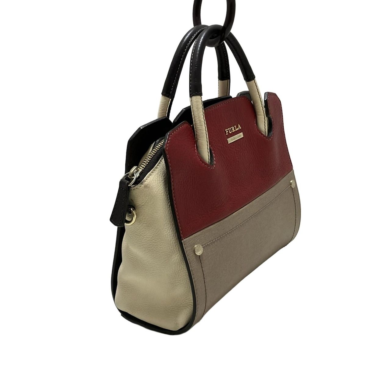FURLA フルラ ハンドバッグ ポラリス レッド×ベージュ×マルチ レザー