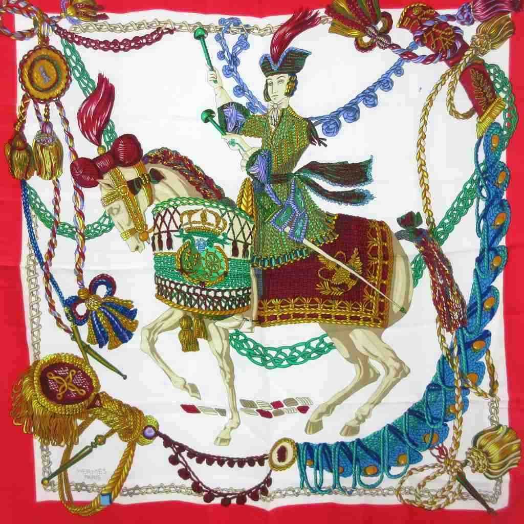 エルメス HERMES Paris ティンパニ奏者 カレ90 スカーフ チーフ 大判 プリント 赤 白 ホワイト レッド 小物 AA