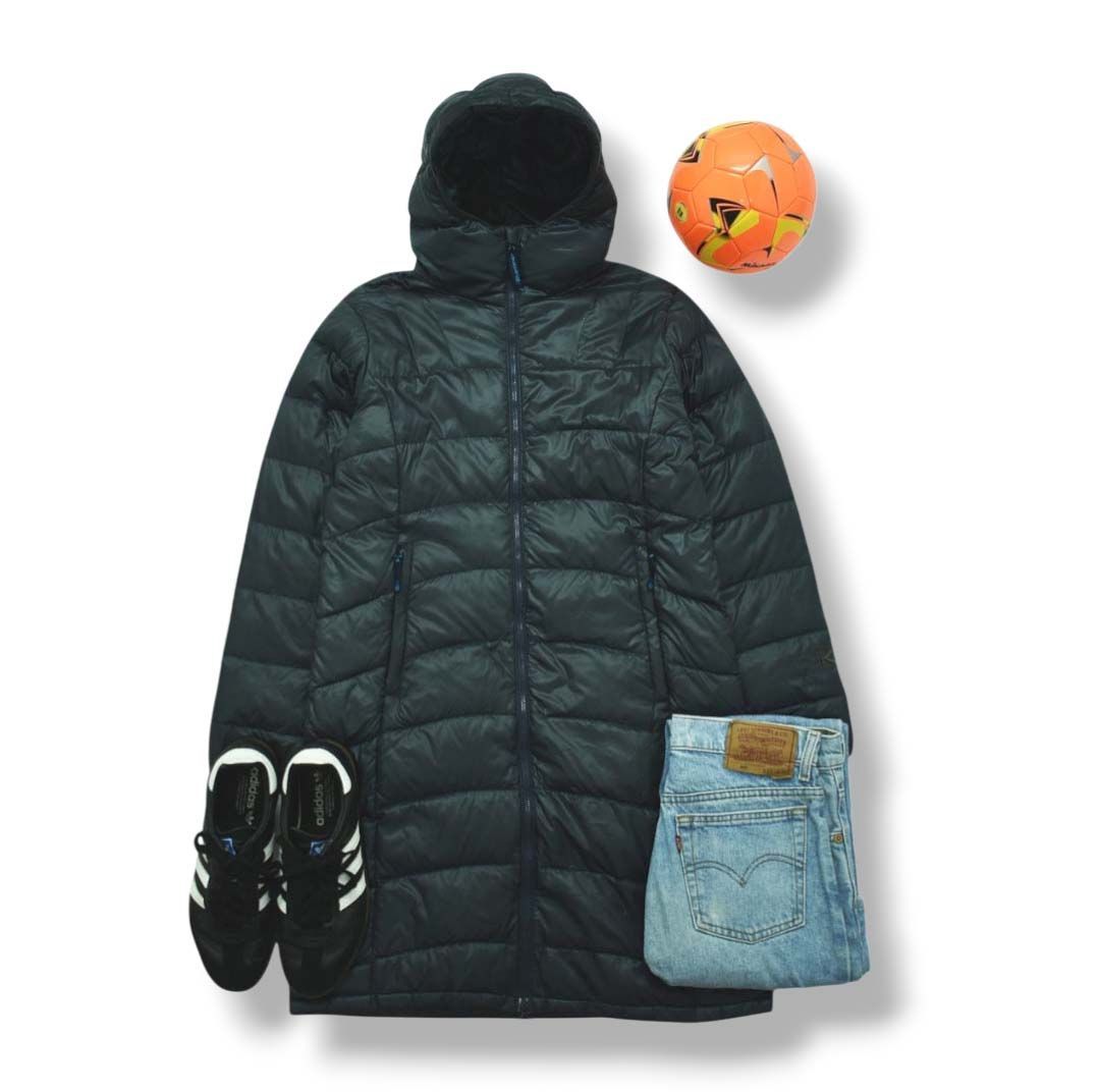 暖 カリマー karrimor フーデット ダウン コート ロング ジャケット ジップアップ パーカー ナイロン ジャンパー M ネイビー アウトドア タウンユース レジャー レディース