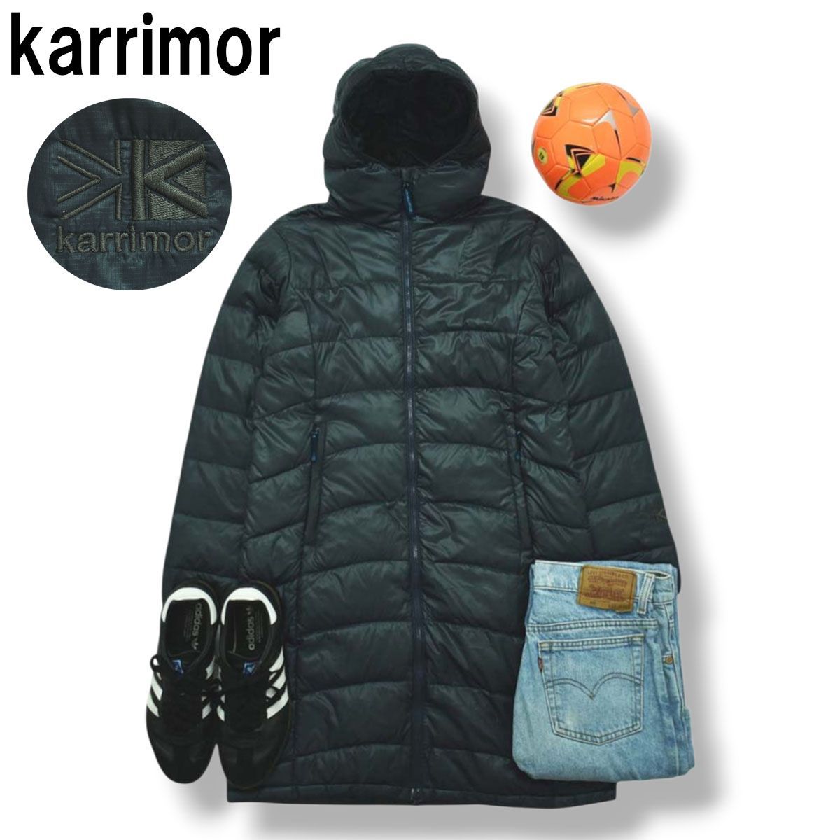 暖 カリマー karrimor フーデット ダウン コート ロング ジャケット ジップアップ パーカー ナイロン ジャンパー M ネイビー アウトドア タウンユース レジャー レディース