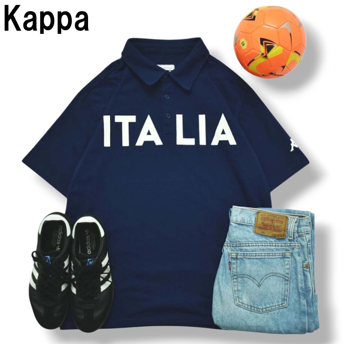 カッパ Kappa イタリア デザイン ロゴ プリント 半袖 ポロシャツ サイドスリット XXL ネイビー ビッグシルエット オーバーサイズ ストリート フットボール スポーツ メンズ