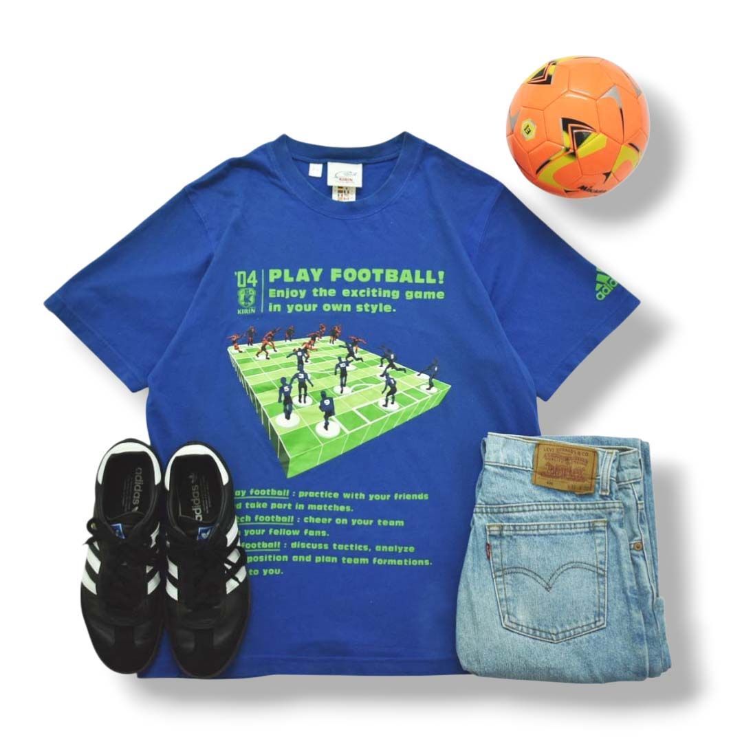 00 s ヴィンテージ キリン KIRIN x アディダス adidas 2004 日本代表 フットボール プリント パフォーマンス ロゴ Tシャツ クルーネック カットソー L ブルー メンズ