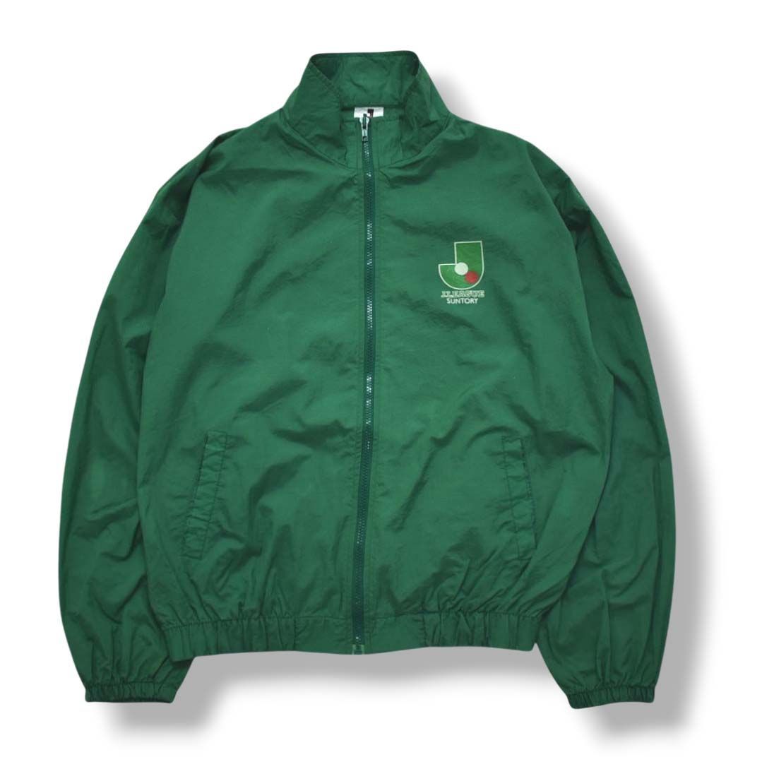  90 s ヴィンテージ ミズノ MIZUNO Jリーグ x サントリー SUNTORY ロゴ プリント ナイロン ジャケット ジップアップ グリーン サッカー フットボール メンズ 記念グッズ サッカー フットサル