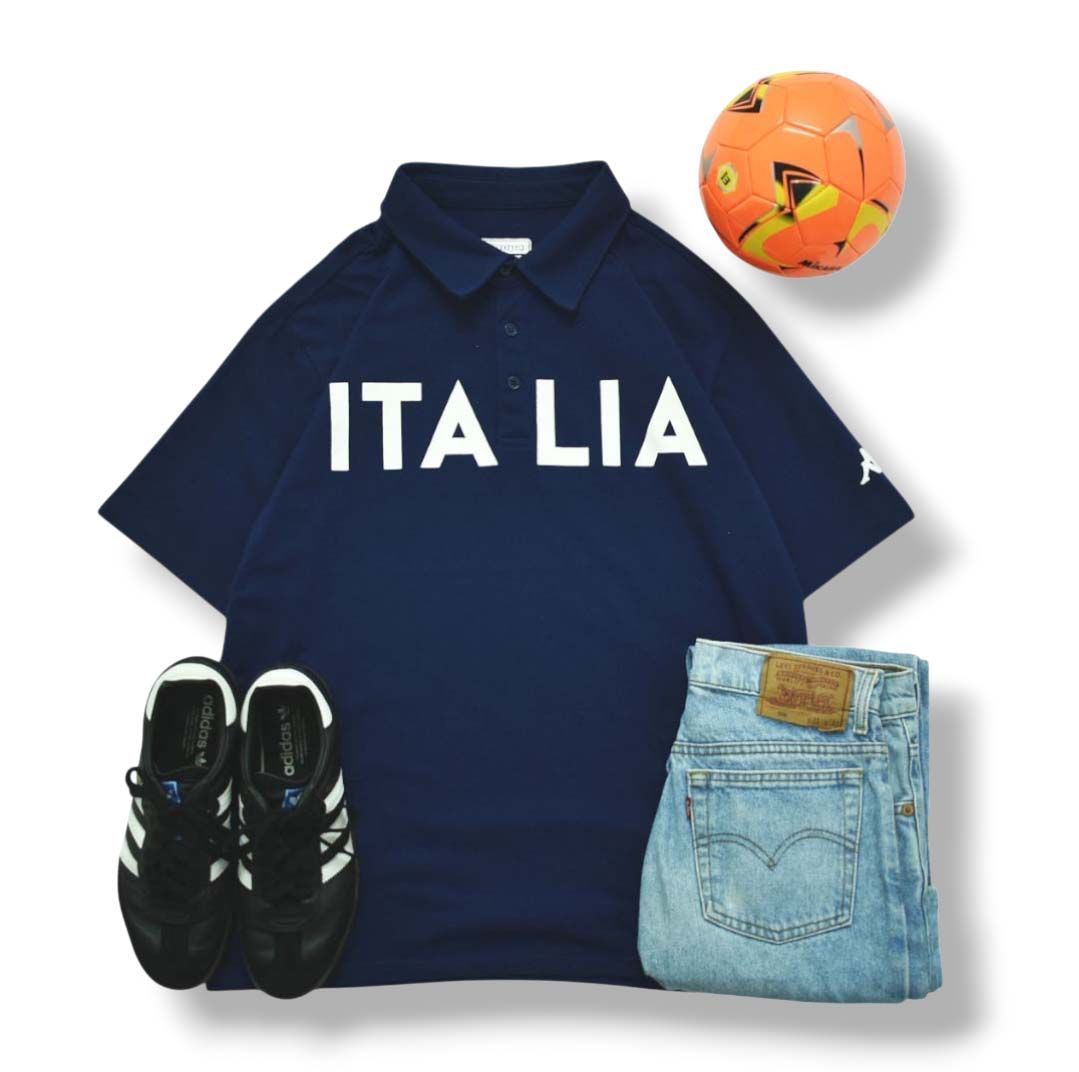 カッパ Kappa イタリア デザイン ロゴ プリント 半袖 ポロシャツ サイドスリット XXL ネイビー ビッグシルエット オーバーサイズ ストリート フットボール スポーツ メンズ