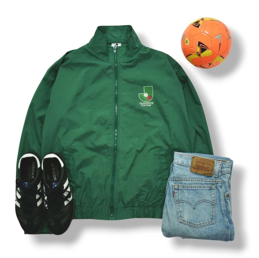 90 s ヴィンテージ ミズノ MIZUNO Jリーグ x サントリー SUNTORY ロゴ プリント ナイロン ジャケット ジップアップ グリーン サッカー フットボール メンズ