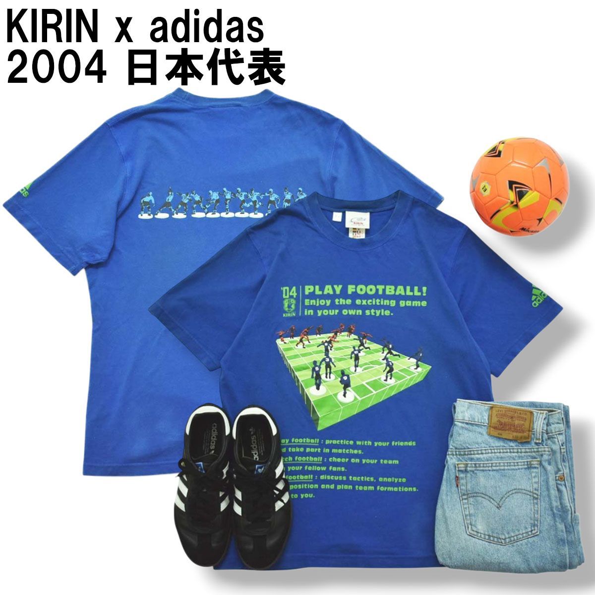 00s ヴィンテージ キリン KIRIN x アディダス adidas 2004 日本代表 フットボール プリント パフォーマンス ロゴ Tシャツ クルーネック カットソー L ブルー メンズ