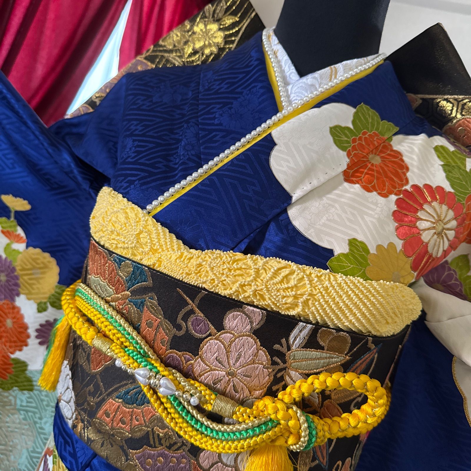 正絹 振袖フルセット(7点)・古典柄・濃紺・金駒刺繍・刺繍・金彩・雲