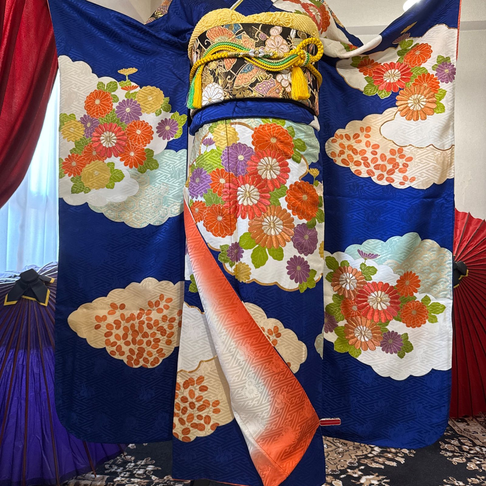 正絹 振袖フルセット(7点)・古典柄・濃紺・金駒刺繍・刺繍・金彩・雲