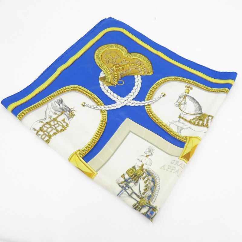 瀬戸大橋店 HERMES エルメス ハンカチ カレ 90 Grand Apparat 盛装の馬 - ブルー 135