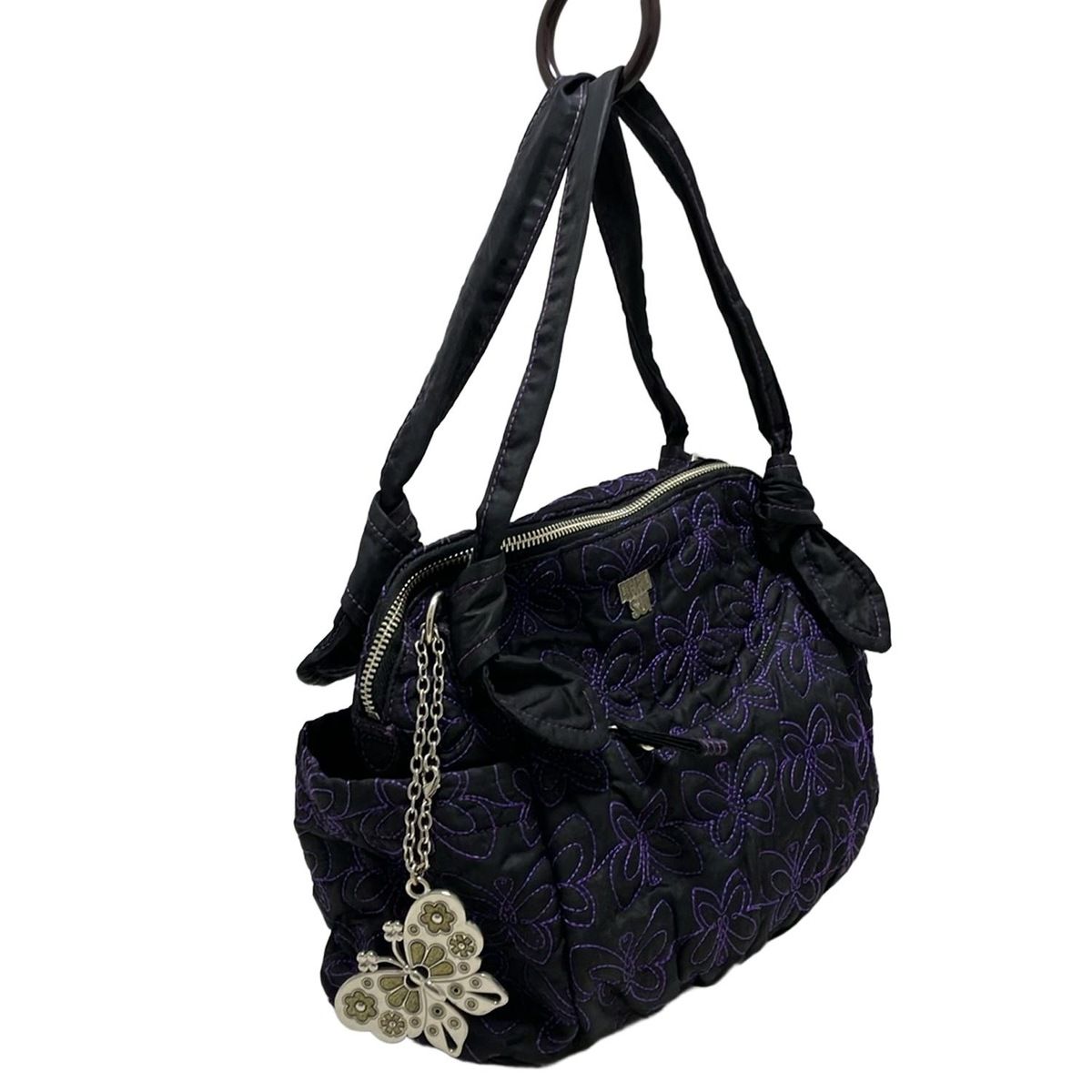 ANNA SUI アナスイ ハンドバッグ - 黒×パープル バタフライ 蝶 柄 ステッチ