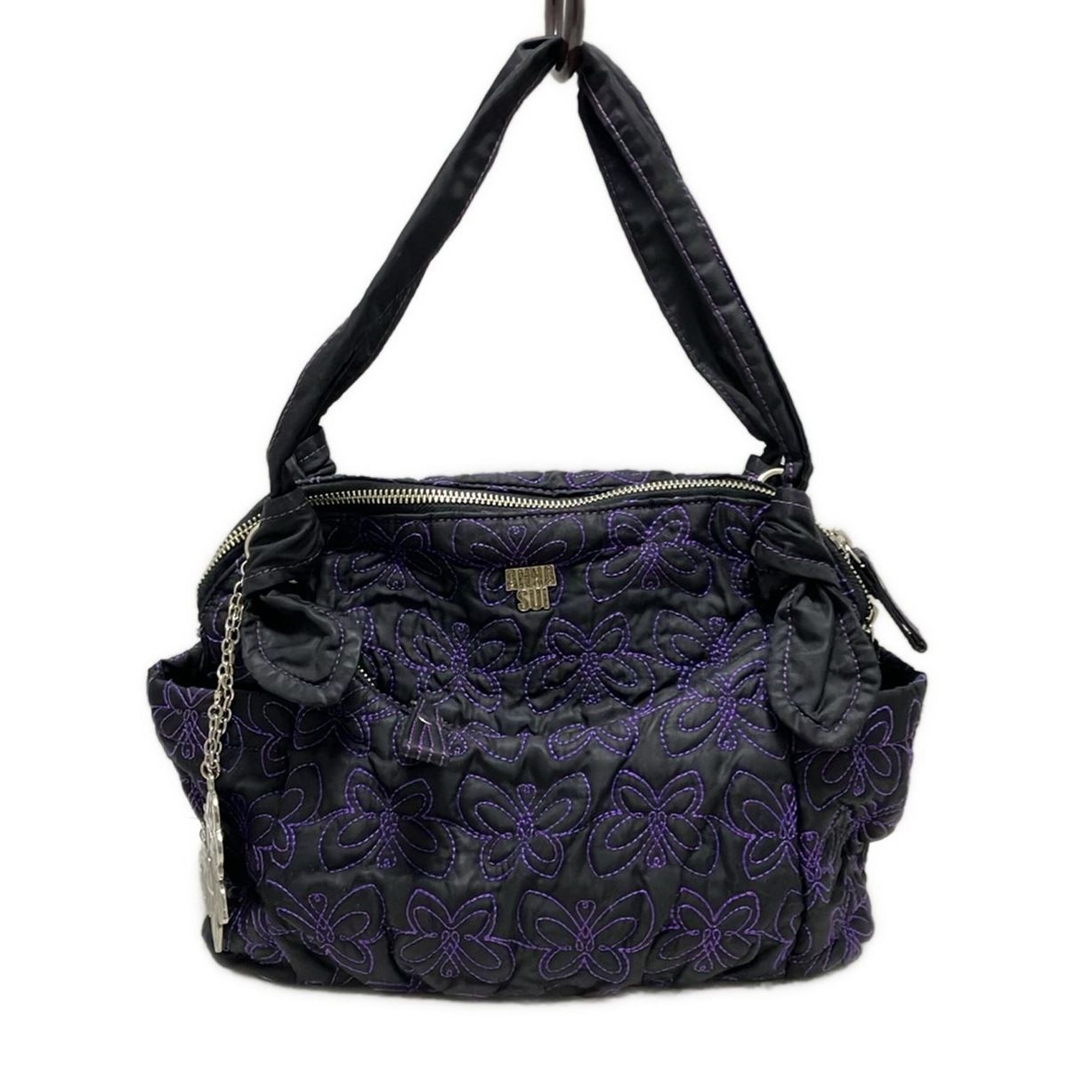 ANNA SUI アナスイ ハンドバッグ - 黒×パープル バタフライ 蝶 柄 ステッチ