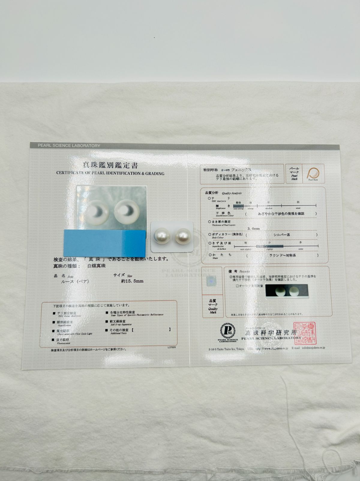 超ビッグサイズ 白蝶 真珠 南洋 パール フェニックス ペアルース 15.5mm 真珠科学研究所 Phoenix 鳳凰