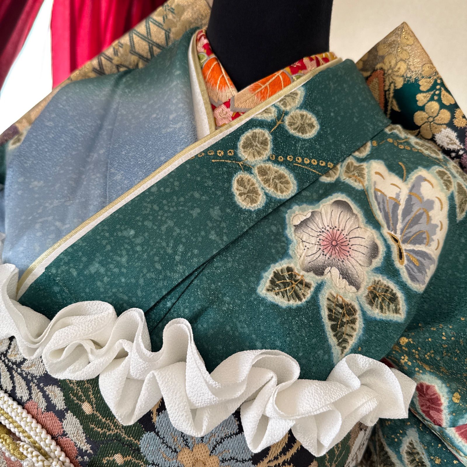 中古】 振袖 正絹(金銀糸除く) ブルー ベージュ 成人式 和装 呉服 和服