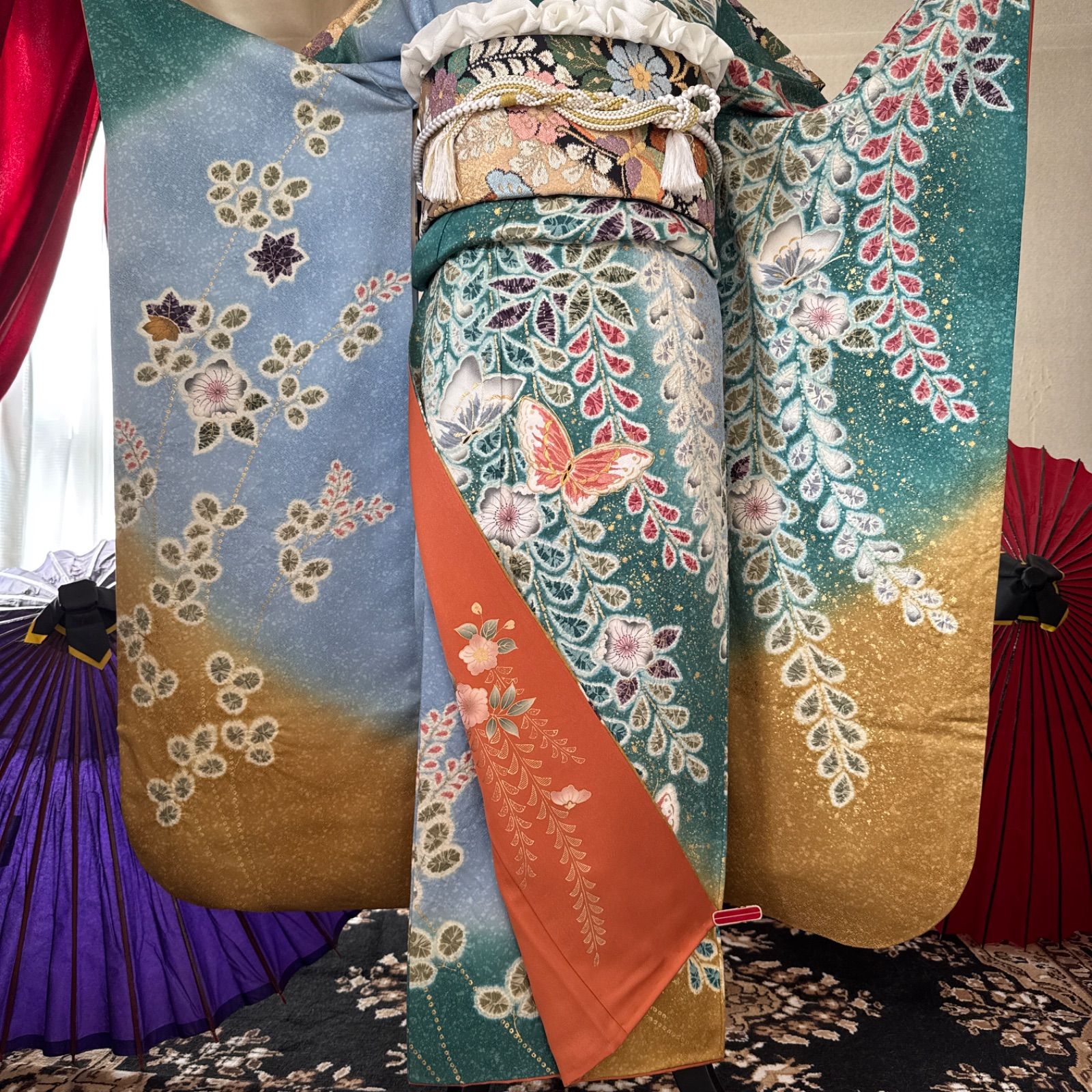 平和屋着物○豪華振袖・長襦袢セット 刺繍 ラインストーン 舞花文 金銀