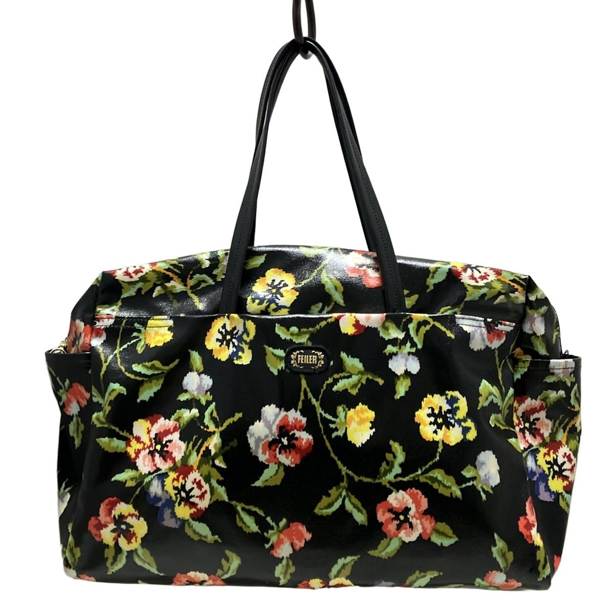 FEILER フェイラー ボストンバッグ 黒 ライトグリーン マルチ 花柄 本体ロックなし レザー