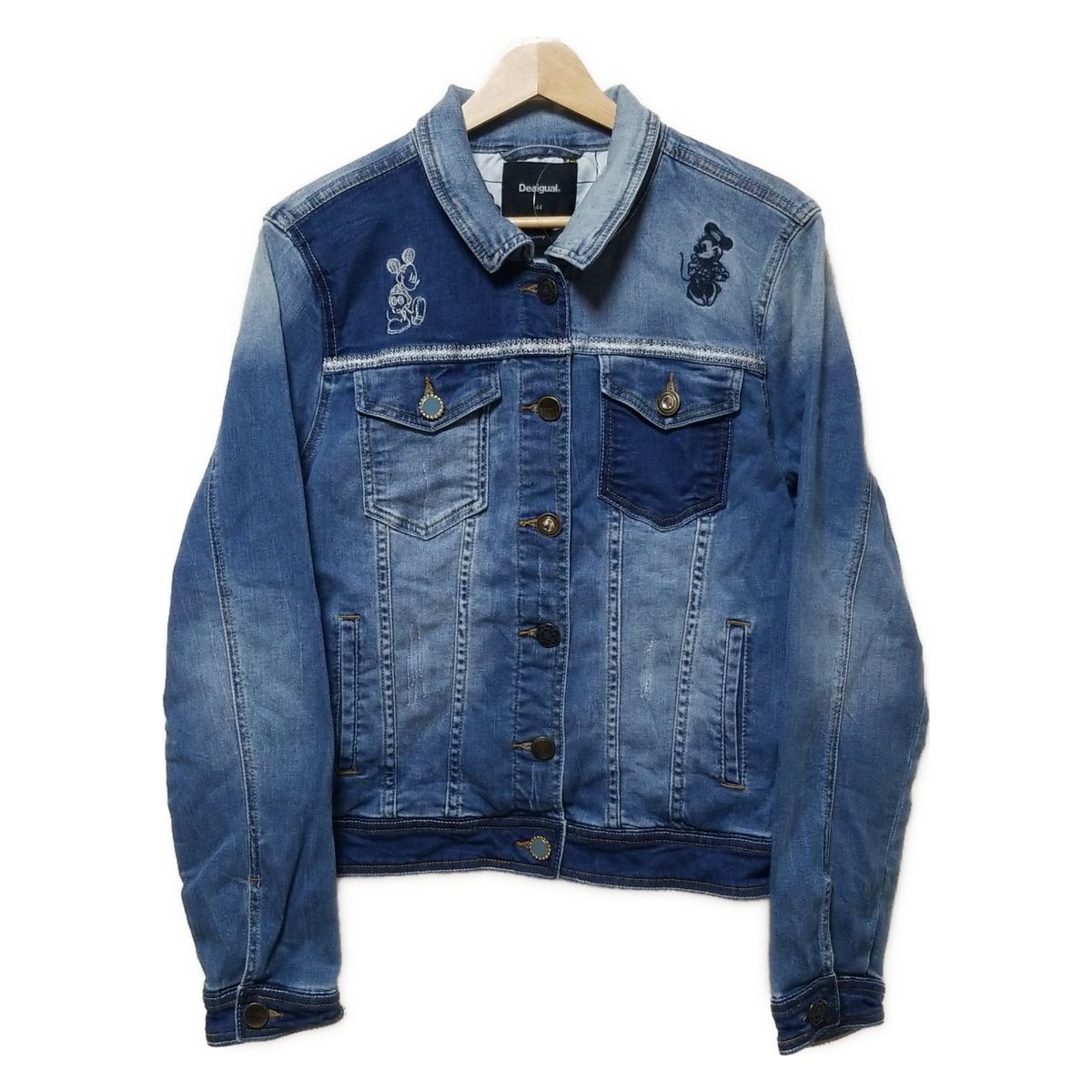 Desigual デシグアル Gジャン サイズ44 L レディース - ブルー×白 長袖 刺繍 ミッキーマウス ラインストーン 春 秋 Disneyコラボ