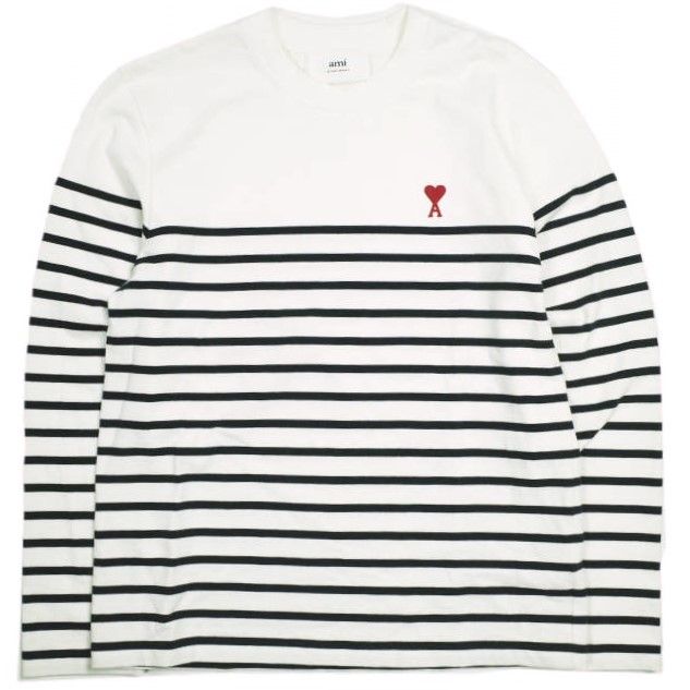 AMI Alexandre Mattiussi アミ アレクサンドルマテュッシ ポルトガル製 ブルトンストライプTシャツ UTS300.072 XS WHITE DARK NAVY 長袖 ボーダー ハートロゴ刺繍 AMI DE COEUR PARIS トップス