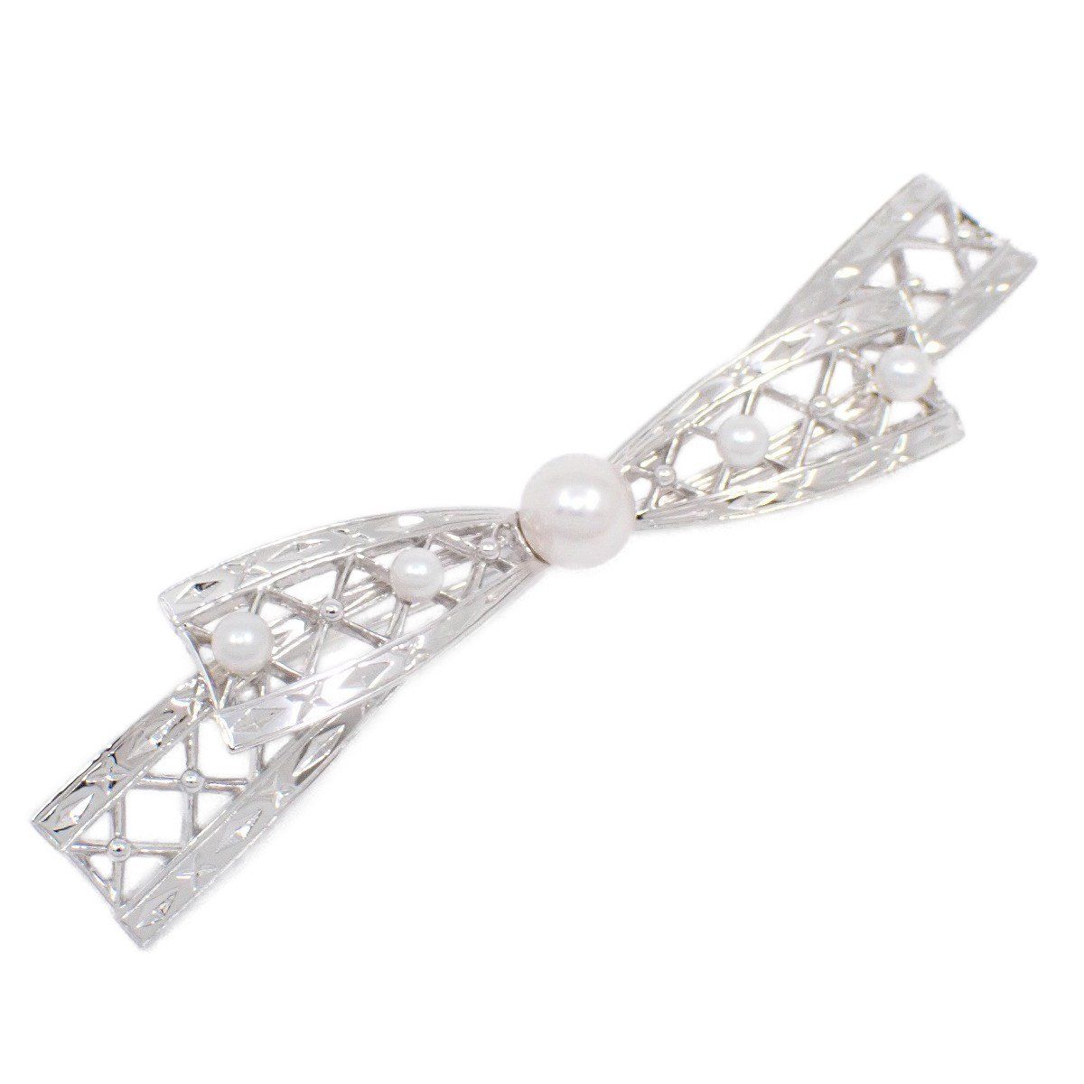 MIKIMOTO ミキモト リボンモチーフ レース 透かし ブローチ シルバー パール5粒 いおき質店
