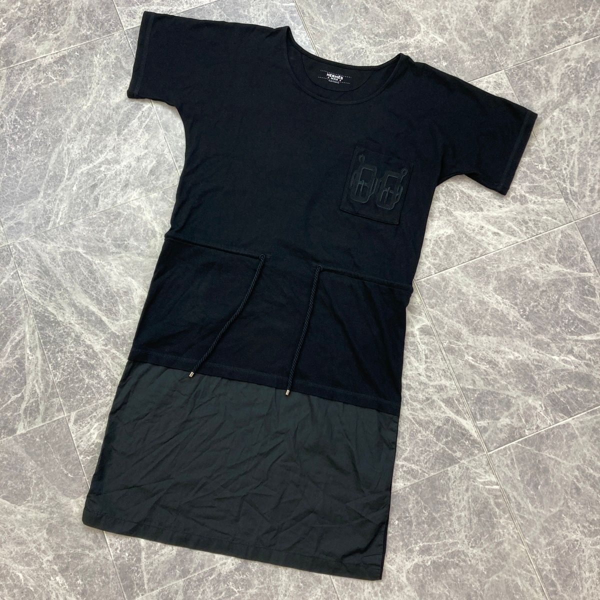 HERMES エルメス ポケット刺繍 BOUCLERIE D ATTELAGE ドローストリング ワンピース 34 レディース コットン ポリエステル ブラック