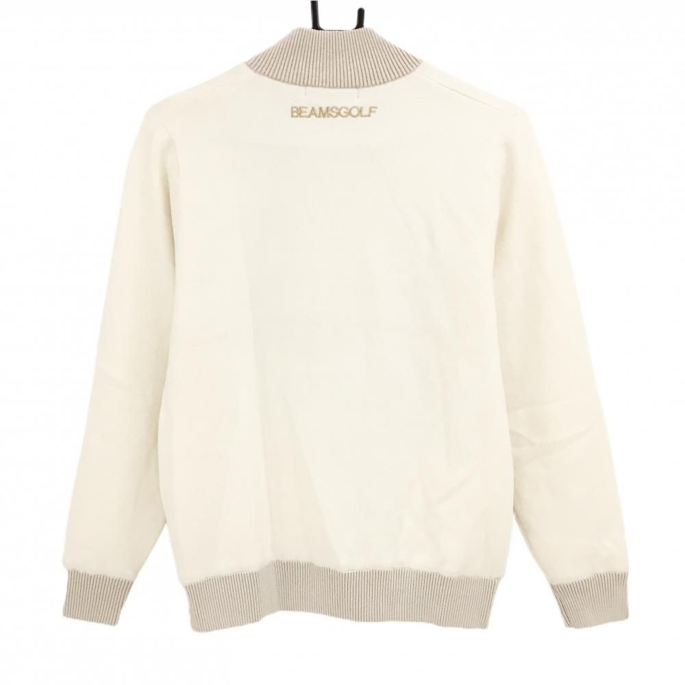 超 ビームスゴルフ ニットジャケット 白×ベージュ ロゴゴールド 裏地付き レディース L ゴルフウェア BEAMS GOLF