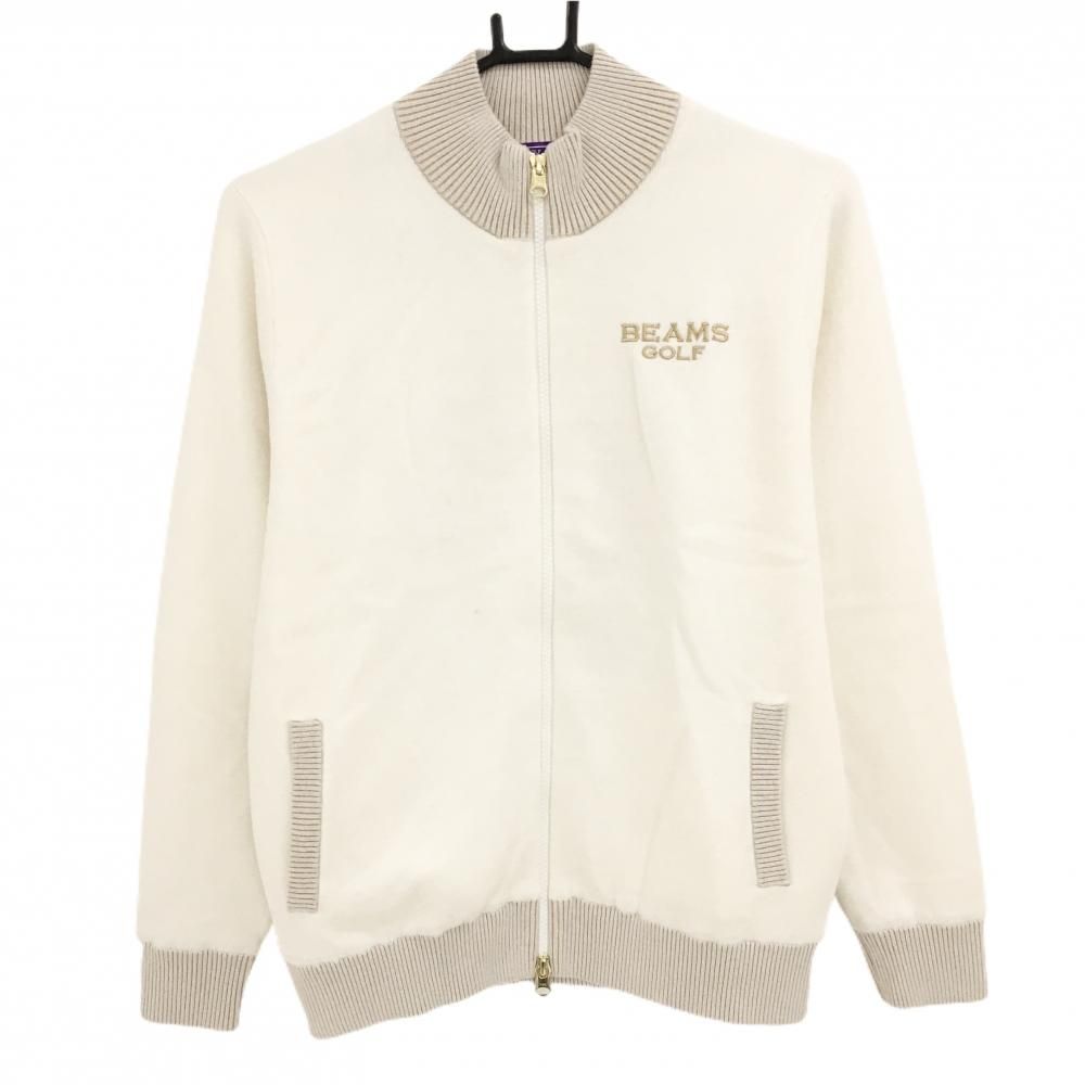 超 ビームスゴルフ ニットジャケット 白×ベージュ ロゴゴールド 裏地付き レディース L ゴルフウェア BEAMS GOLF