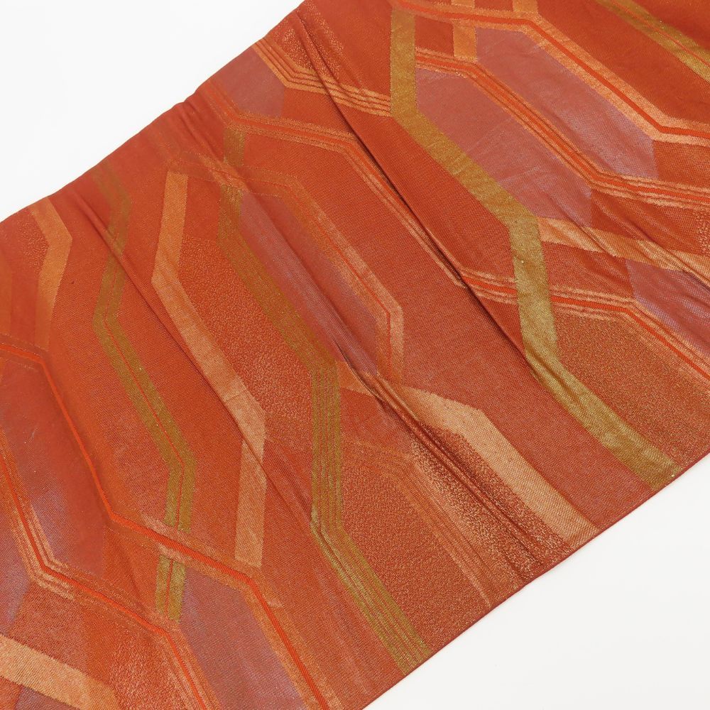 中古】 袋帯 正絹(金銀糸除く) オレンジブラウン系 マルチカラー