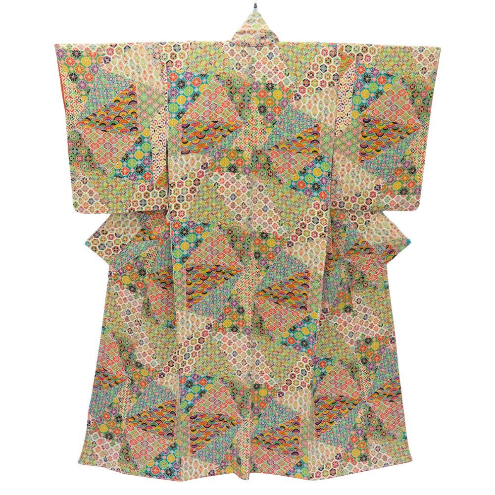 小紋 正絹 グリーン系 マルチ 青海波 菊 和装 呉服 和服 きもの レディース 女性