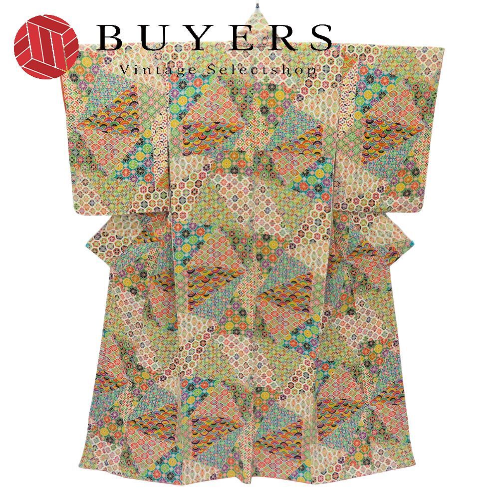 小紋 正絹 グリーン系 マルチ 青海波 菊 和装 呉服 和服 きもの レディース 女性