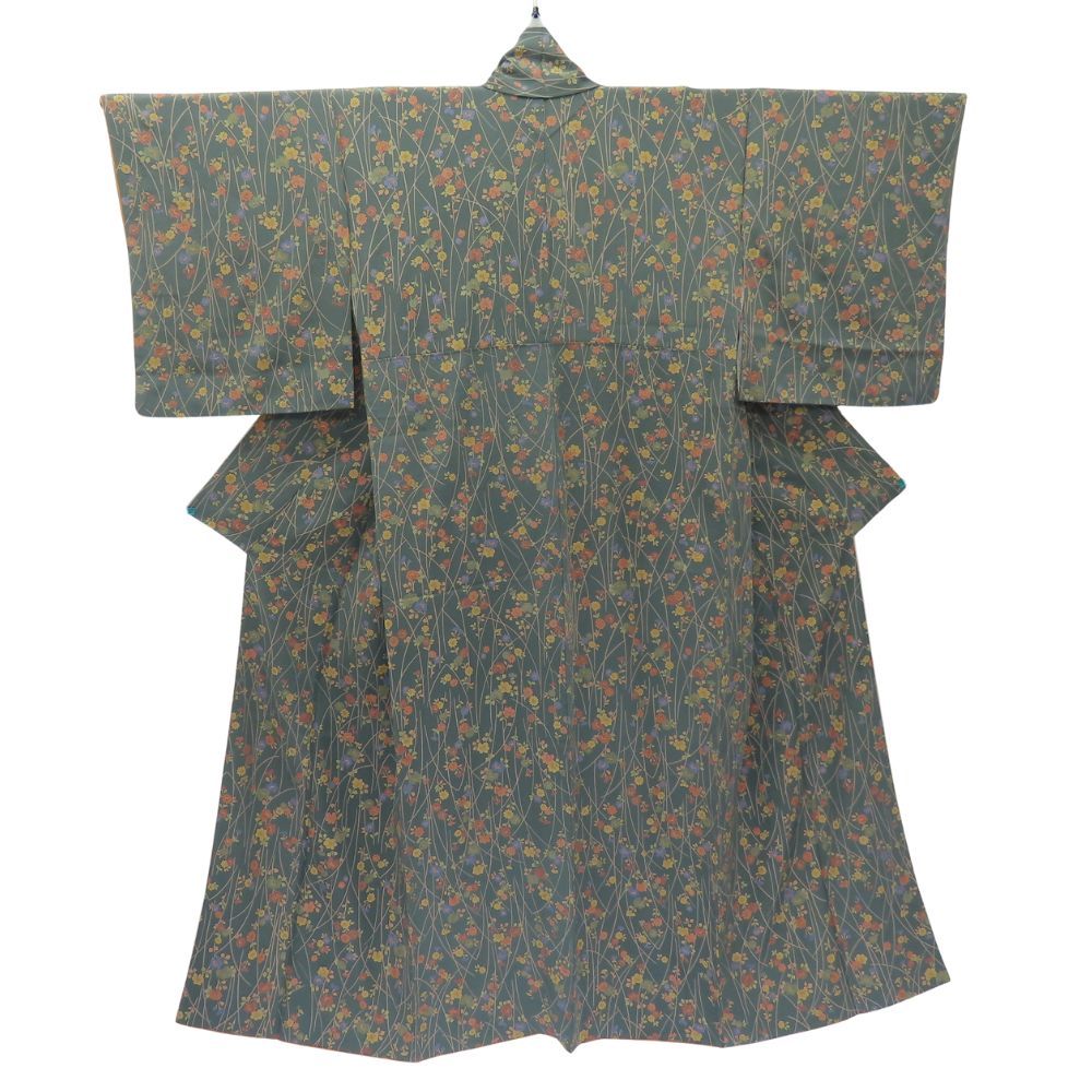中古】 小紋 正絹 グリーン 花柄 和装 呉服 和服 きもの レディース