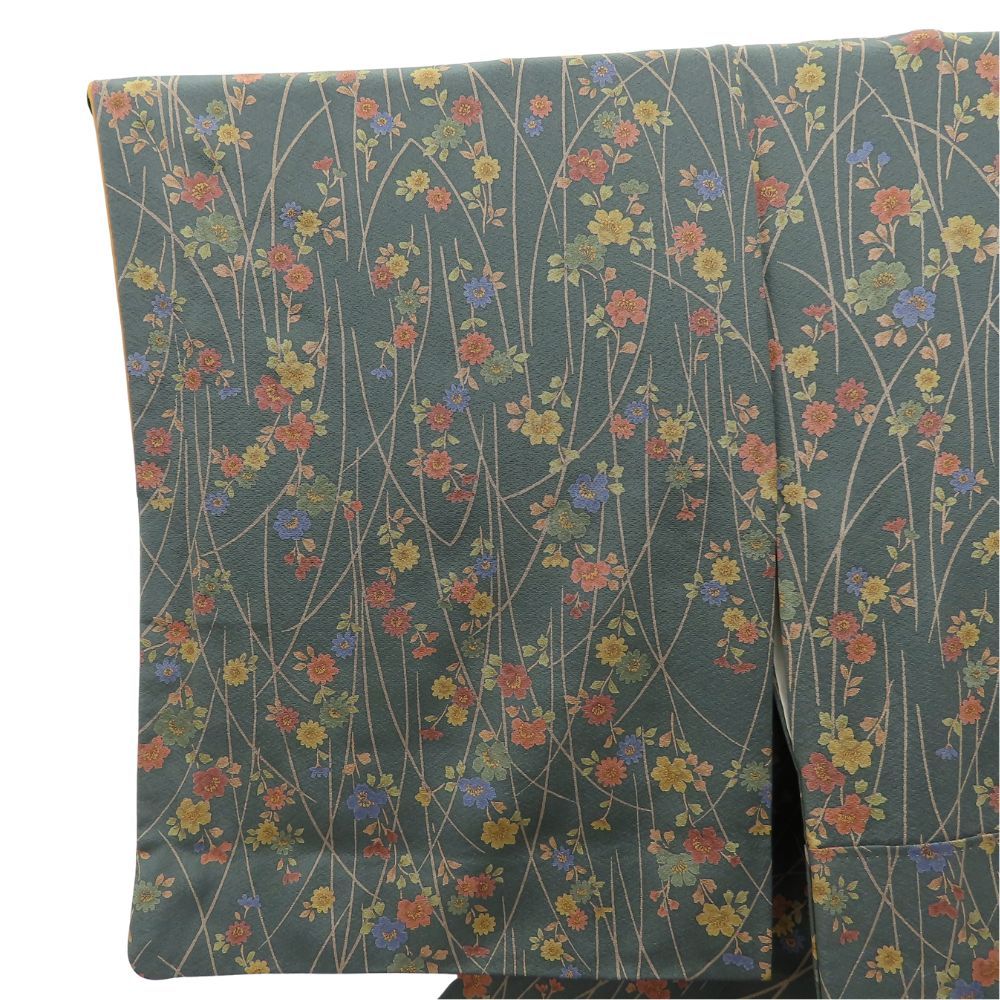 中古】 小紋 正絹 グリーン 花柄 和装 呉服 和服 きもの レディース