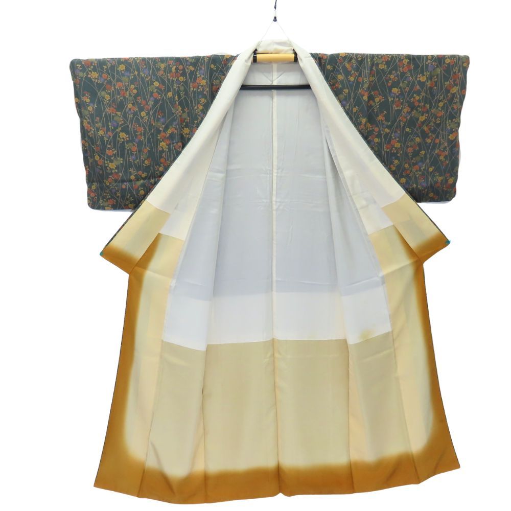 中古】 小紋 正絹 グリーン 花柄 和装 呉服 和服 きもの レディース