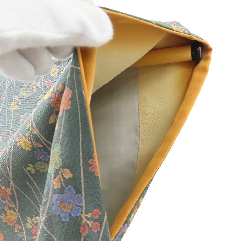 中古】 小紋 正絹 グリーン 花柄 和装 呉服 和服 きもの レディース