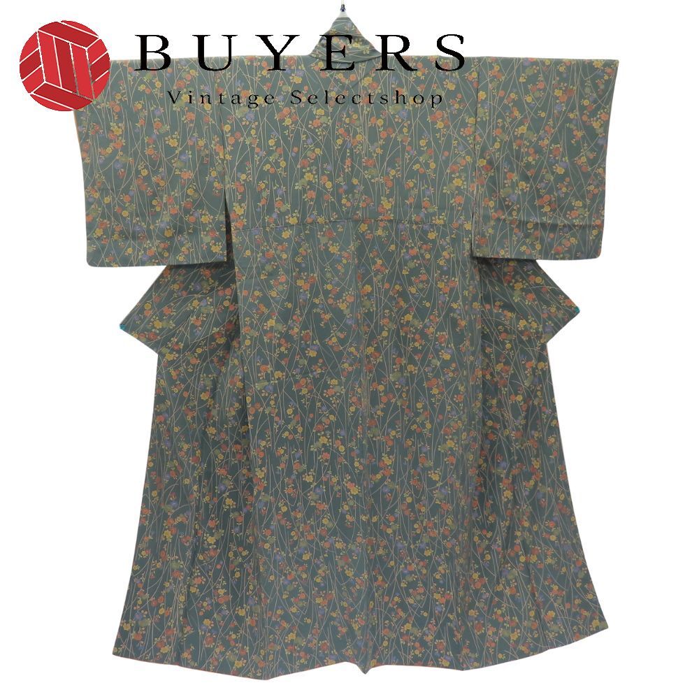 中古】 小紋 正絹 グリーン 花柄 和装 呉服 和服 きもの レディース