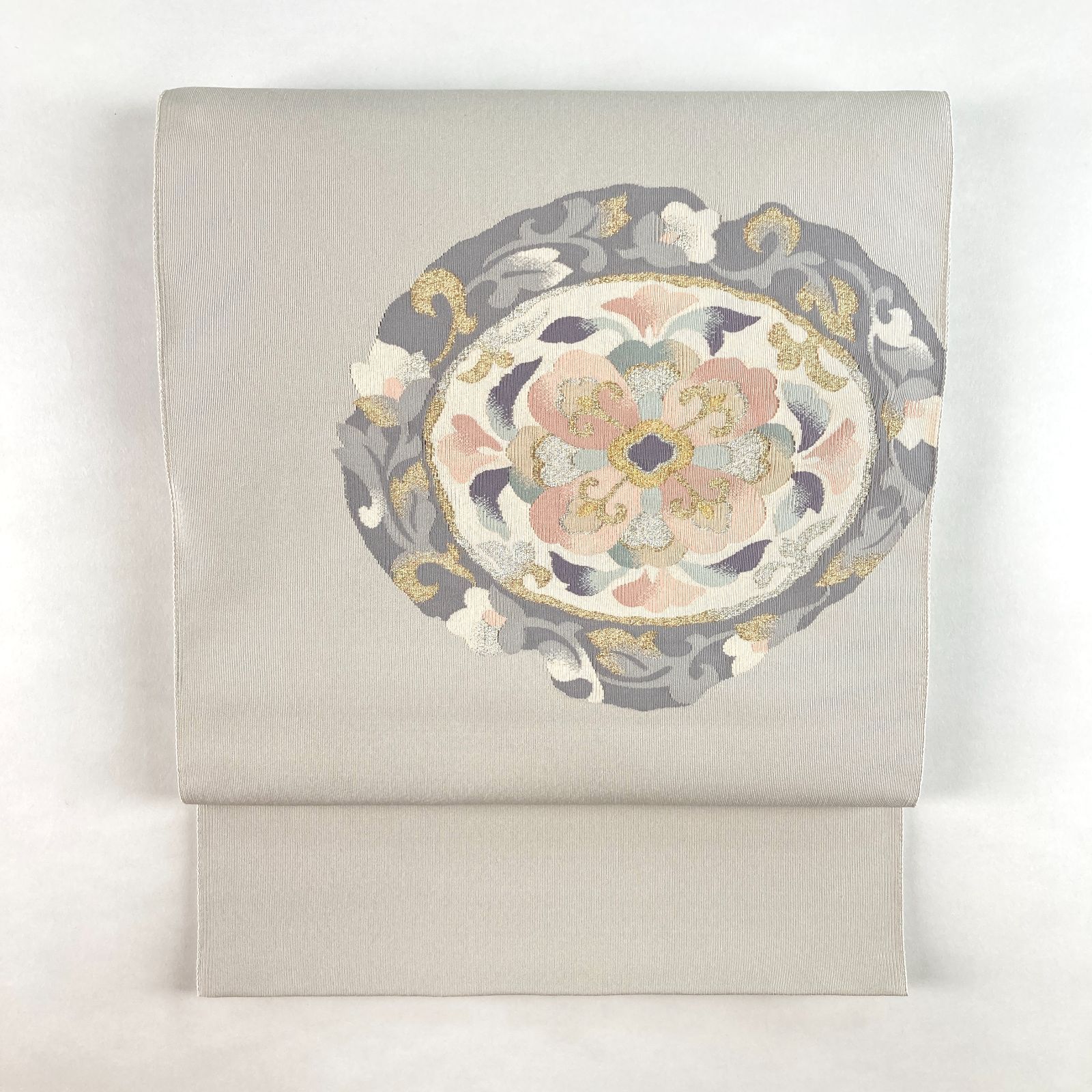 たんす屋 リユース帯 帯 名古屋帯 白鼠 グレー セミフォーマル 綴れ織 唐花丸文 絹 未洗い MS 6405