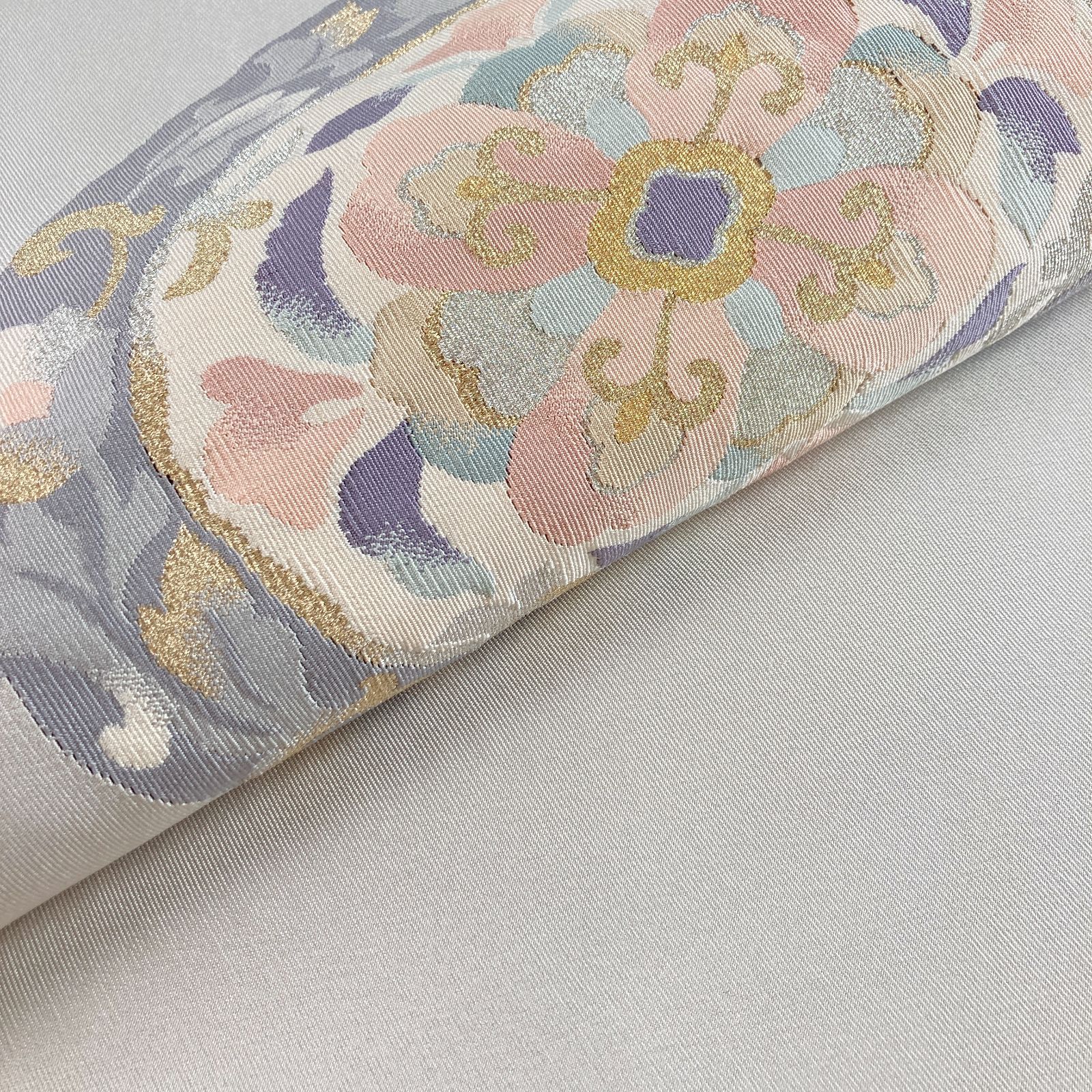 たんす屋 リユース帯 帯 名古屋帯 白鼠 グレー セミフォーマル 綴れ織 唐花丸文 絹 未洗い MS 6405