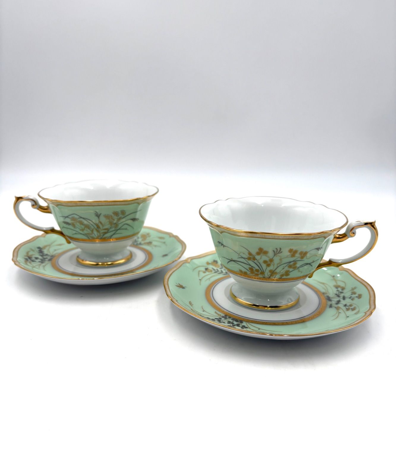 The Okura 大倉陶園 オークラ 蝶 鈴虫 草花 カップ＆ソーサー 2客セット ペア