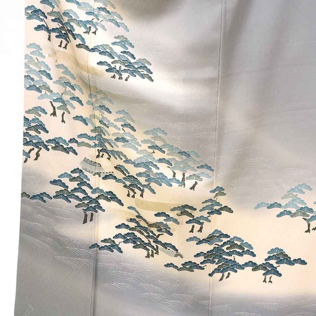 訪問着 身丈161 cm 裄66 前幅23.5 後幅29.5 袖丈49 袖幅33 レディース 袷 松 裄長 裄M-Lサイズ 秋冬春用 正絹 シルク グレー リメイク リユース リサイクル 呉服のきくや