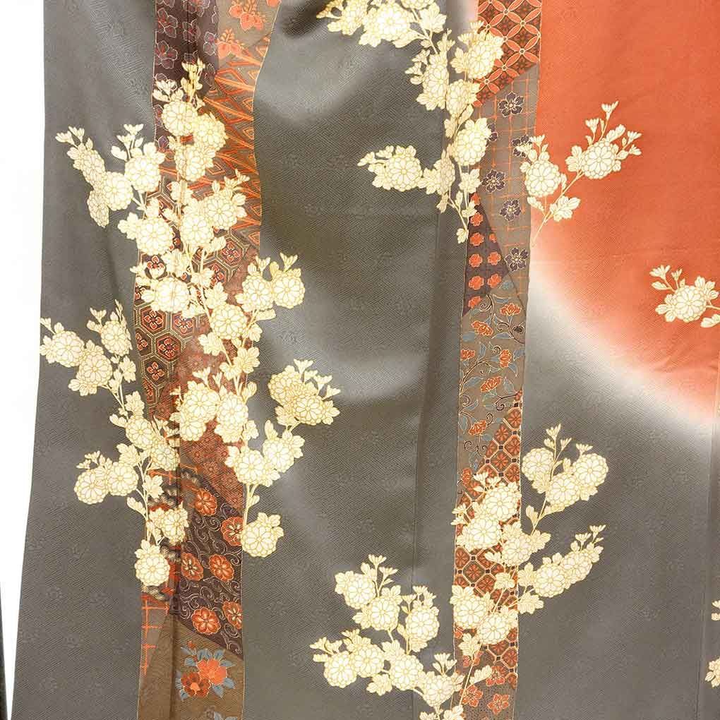 訪問着 身丈160 cm 裄64 前幅25 後幅29 袖丈49 袖幅33 レディース 袷 花柄 裄Mサイズ 秋冬春用 正絹 シルク ピンク やや難 リメイク リユース リサイクル 呉服のきくや