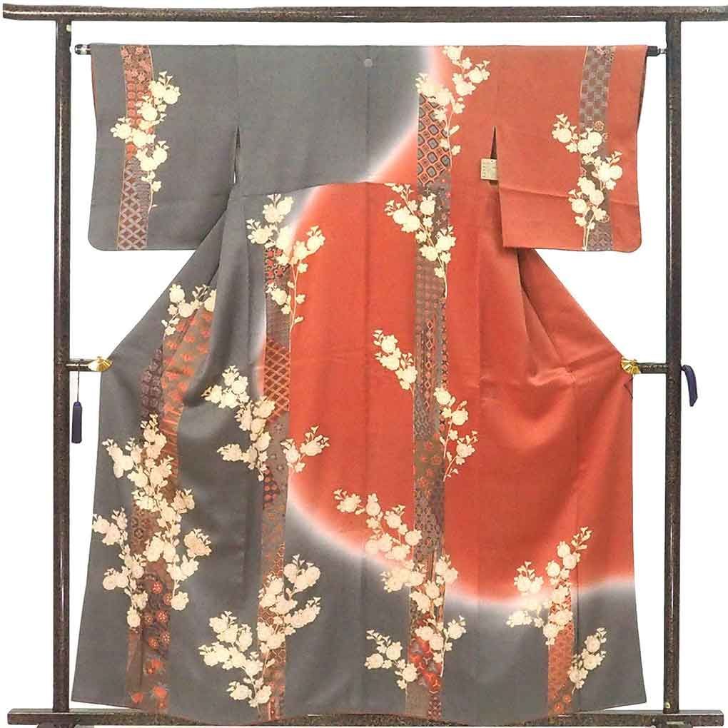 訪問着 身丈160 cm 裄64 前幅25 後幅29 袖丈49 袖幅33 レディース 袷 花柄 裄Mサイズ 秋冬春用 正絹 シルク ピンク やや難 リメイク リユース リサイクル 呉服のきくや