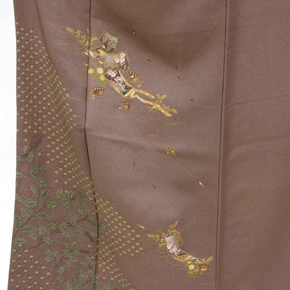 訪問着 身丈156 cm 裄66 前幅23 後幅30 袖丈45 袖幅32 レディース 袷 絞り 裄長 裄M-Lサイズ 秋冬春用 正絹 シルク ブラウン リメイク リユース リサイクル 呉服のきくや