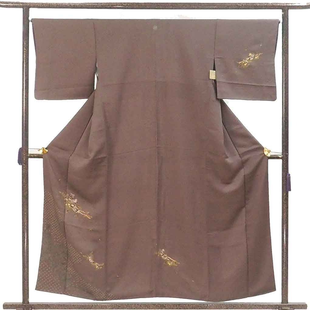 訪問着 身丈156 cm 裄66 前幅23 後幅30 袖丈45 袖幅32 レディース 袷 絞り 裄長 裄M Lサイズ 秋冬春用 正絹 シルク ブラウン リメイク リユース リサイクル 呉服のきくや