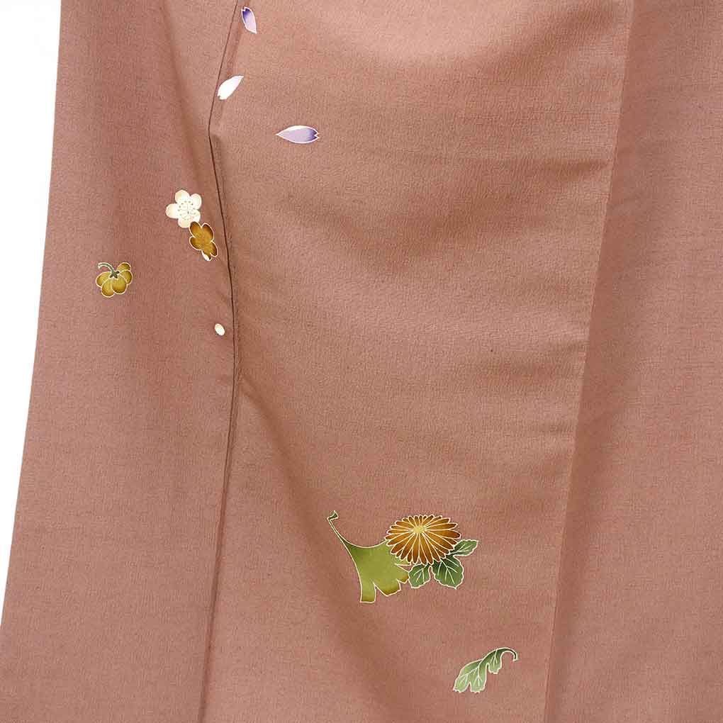 付下 身丈153 cm 裄63 前幅26 5 後幅30 袖丈45 袖幅32 レディース 袷 花柄 裄Mサイズ 秋冬春用 正絹 シルク ブラウン リメイク リユース リサイクル 呉服のきくや