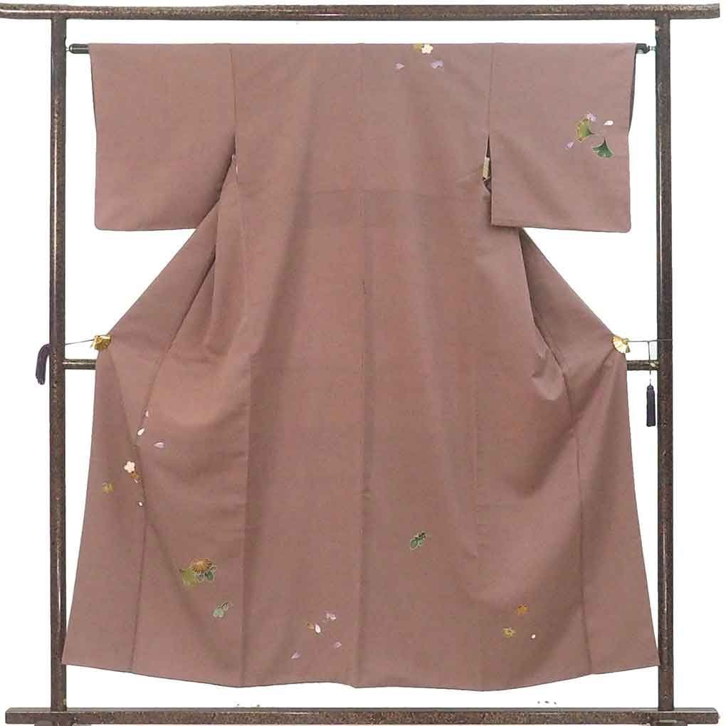 付下 身丈153 cm 裄63 前幅26 5 後幅30 袖丈45 袖幅32 レディース 袷 花柄 裄Mサイズ 秋冬春用 正絹 シルク ブラウン リメイク リユース リサイクル 呉服のきくや