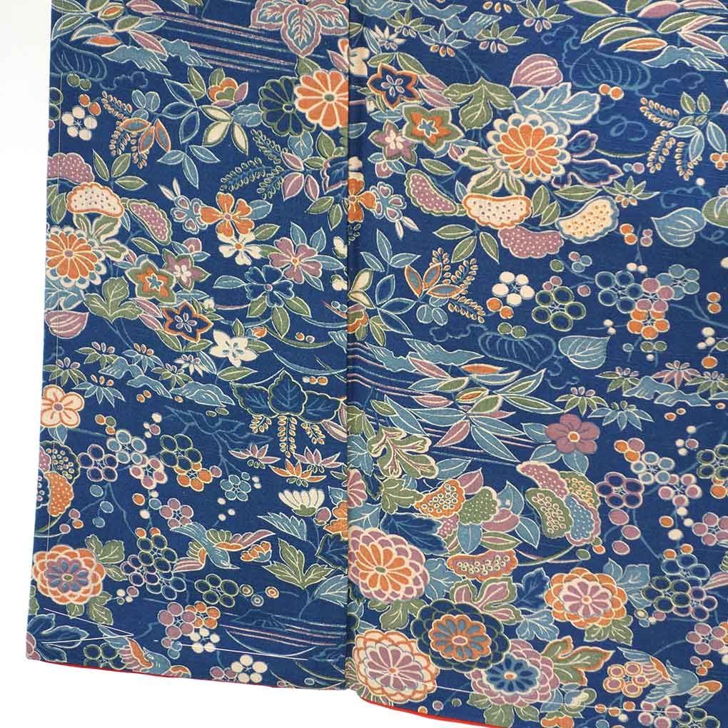 小紋 身丈155 cm 裄65 前幅22 5 後幅29 袖丈49 袖幅33 レディース 袷 花柄 裄Mサイズ 秋冬春用 正絹 シルク ネイビー リメイク リユース リサイクル 呉服のきくや
